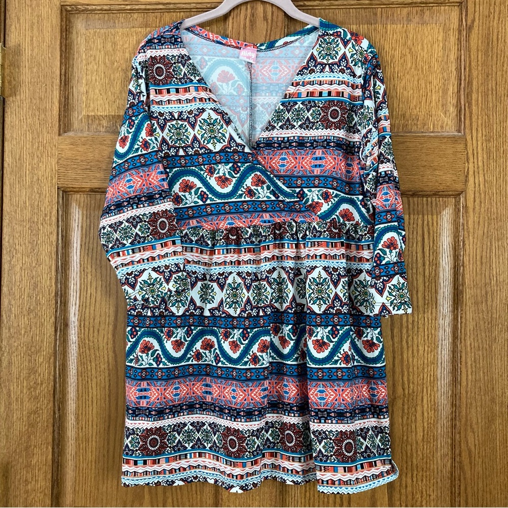 5/$15 Flirty Pink Soft & Stretchy Colorful Multipattern 3/4 Sleeve Top 1X